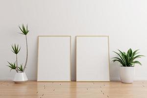 Two vertical wooden photo frame mockup on white wall empty room with plants on a wooden floor