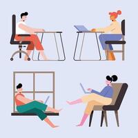 people collection with laptop working vector