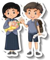 Couple kids in love cartoon sticker vector