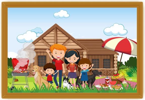 Happy family picnic outdoor scene in a photo frame