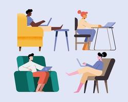 people set with laptop working vector