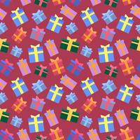 vector patrón de colores sin fisuras. Varias cajas de regalo de Navidad violeta, rosa, verde, azul sobre fondo rojo para papel de regalo, papel tapiz, textil.