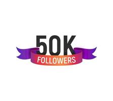 50k followers number with color bright ribbon isolated vector icon. Thank you 50000 follower web user or blogger celebrates design element