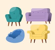 cuatro sofás muebles iconos vector