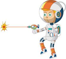 Niño astronauta con pistola láser sobre fondo blanco. vector