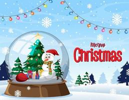 Merry Christmas poster with snowman in snowdome vector