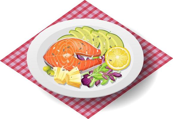 Healthy meal with salmon steak on white plate