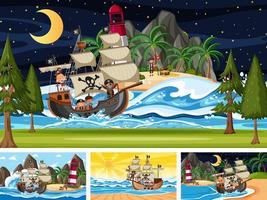 Set of different beach scenes with pirate ship and pirate cartoon character vector