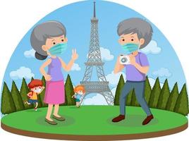 Old couple travelling in Paris during covid-19 pandemic vector