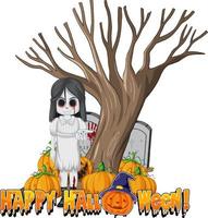 Little ghost girl with pumpkin for Halloween vector
