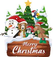 Merry Christmas banner with Snowman and animals cartoon character vector