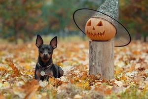 pequeño perro pinscher en el parque con cabeza de calabaza halloween foto