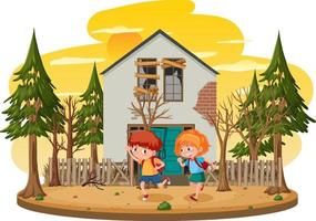 Children running in front of the old house vector