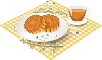 Mooncakes with teacup set on tablecloth vector