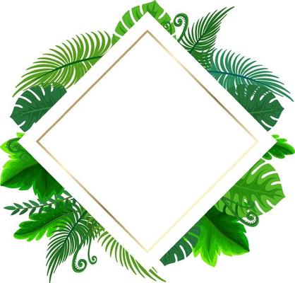 Rotated square frame with tropical green leaves