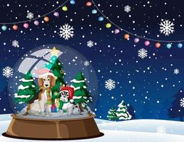 Cute dogs in snowdome on snow falling background vector