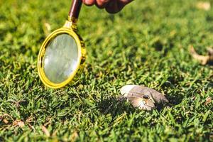 Science experiment concept. Combining the sun's rays through a magnifying glass to learn about the heat and energy of the sun. photo