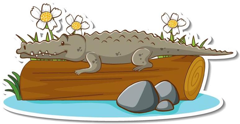 Cartoon character of a crocodile on a log wood sticker