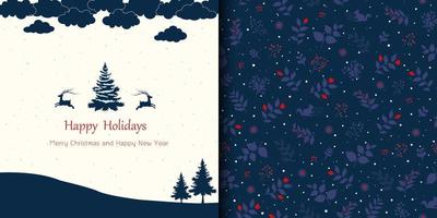 feliz navidad y próspero año nuevo tarjeta de felicitación con patrones sin fisuras en el tema de las vacaciones de invierno vector