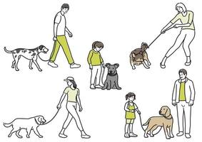 conjunto de gente feliz paseando a sus perros con correas. dibujos de líneas planas simples vectoriales aislados en un fondo blanco.