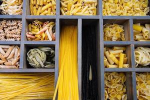 Variety of types, colors and shapes of Italian pasta. Dry pasta background, close up