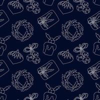 Vector seamless pattern in doodle style for Christmas and New Years ornaments and textiles. Hand-drawn background with wreath, bells, gift and Christmas pudding.