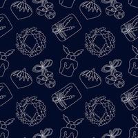 Vector seamless pattern in doodle style for Christmas and New Years ornaments and textiles. Hand-drawn background with wreath, bells, gift and Christmas pudding.