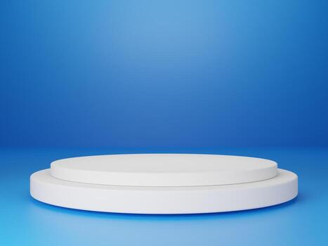 3d round podium or pedestal with blue empty studio room, minimal product background, template mock up for display photo