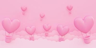 Valentine s day, love concept background, pink 3d heart shaped hot air balloons flying in the sky with paper cloud photo