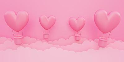 Valentine s day, love concept background, pink 3d heart shaped hot air balloons flying in sky photo