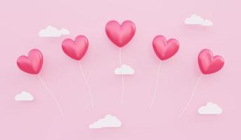 Valentine s day, love concept background, 3D illustration of red heart shaped balloons floating in the sky