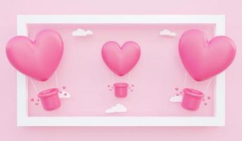 día de san valentín, ilustración 3d de globos de aire caliente en forma de corazón rosa flotando fuera del marco con una nube de papel