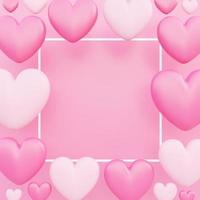 Happy valentine s day, love concept, pink 3d heart shape background, greeting or advertising card, square frame