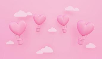 Día de San Valentín, fondo del concepto de amor, globos aerostáticos en forma de corazón rosa 3d volando en el cielo con nubes de papel