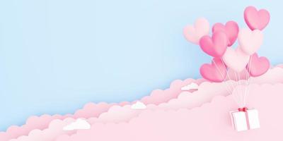 Valentine s day background, 3D pink heart shaped balloons bouquet with gift box floating in the sky with paper cloud photo