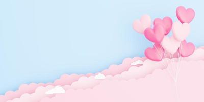 Día de San Valentín, fondo del concepto de amor, ilustración 3d de un ramo de globos en forma de corazón rosa flotando en el cielo