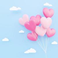 Valentine s day background, pink and white 3d heart shaped balloons bouquet floating in the sky with paper cloud
