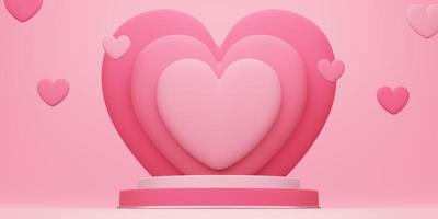 3D round podium or pedestal with red empty studio room, product background with heart overlap behind and heart floating photo
