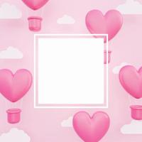 3D pink heart shaped hot air balloons floating in the sky with paper cloud, blank space for text and frame banenr photo