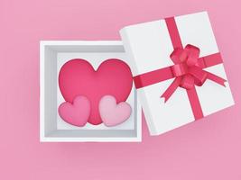 Día de San Valentín, fondo del concepto de amor, vista superior de la caja de regalo abierta 3d con forma de corazón foto