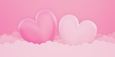Día de San Valentín, fondo del concepto de amor, rosa y blanco en forma de corazón 3d en el cielo