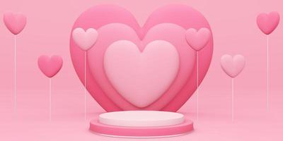 3D round podium with red empty studio room, product background with heart overlap and heart shaped balloon floating photo