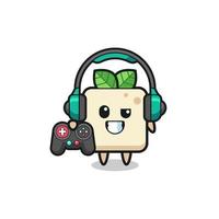 mascota de jugador de tofu sosteniendo un controlador de juego vector