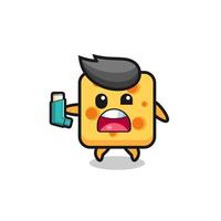 cheese mascot having asthma while holding the inhaler vector