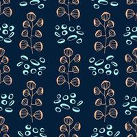 Seamless pattern hand drawn plants and abstract dots. Simple drawing on dark blue background. Vector illustration, printing on fabric, clothes, covers.