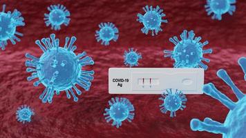 Positive test result by using rapid test device for COVID-19 with virus floating in blood background