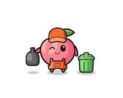 the mascot of cute peach as garbage collector vector