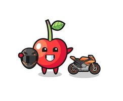 cute cherry cartoon as a motorcycle racer vector