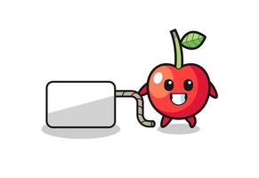 cherry cartoon is pulling a banner vector