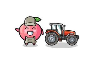 La mascota del granjero de melocotón de pie junto a un tractor. vector